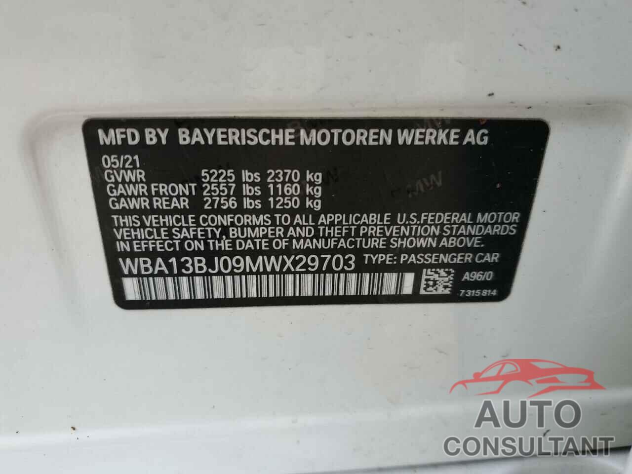 BMW 5 SERIES 2021 - WBA13BJ09MWX29703