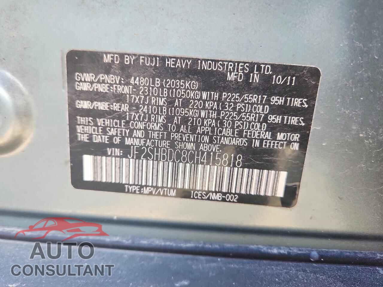 SUBARU FORESTER 2012 - JF2SHBDC8CH415818