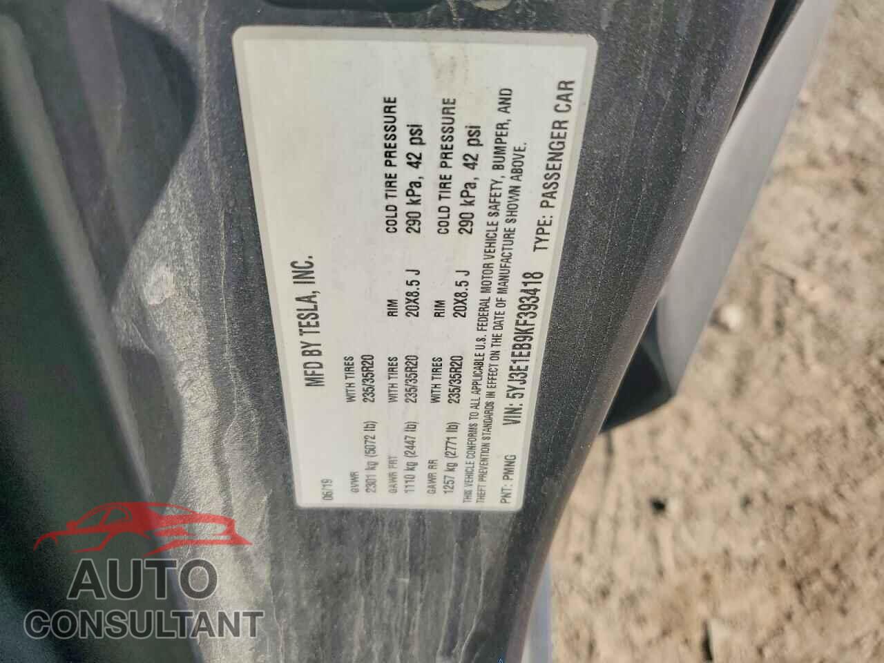 TESLA MODEL 3 2019 - 5YJ3E1EB9KF393418