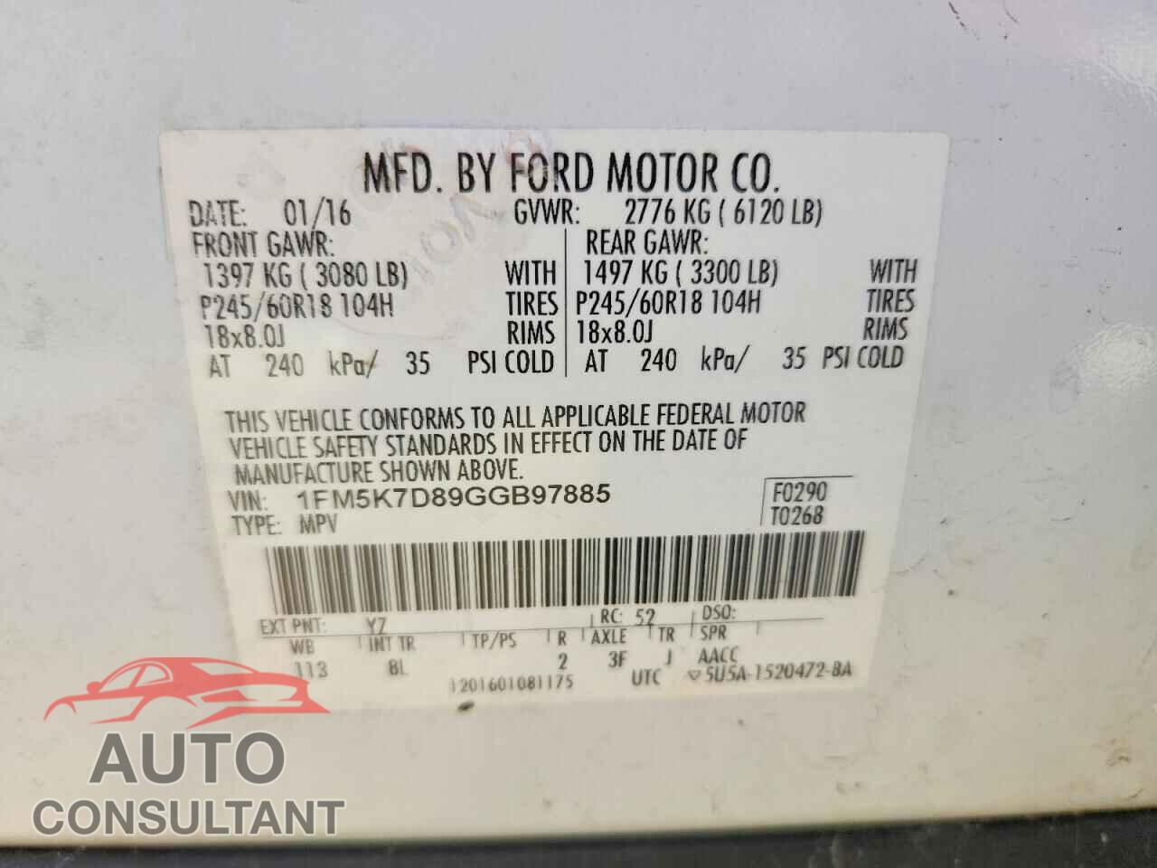 FORD EXPLORER 2016 - 1FM5K7D89GGB97885