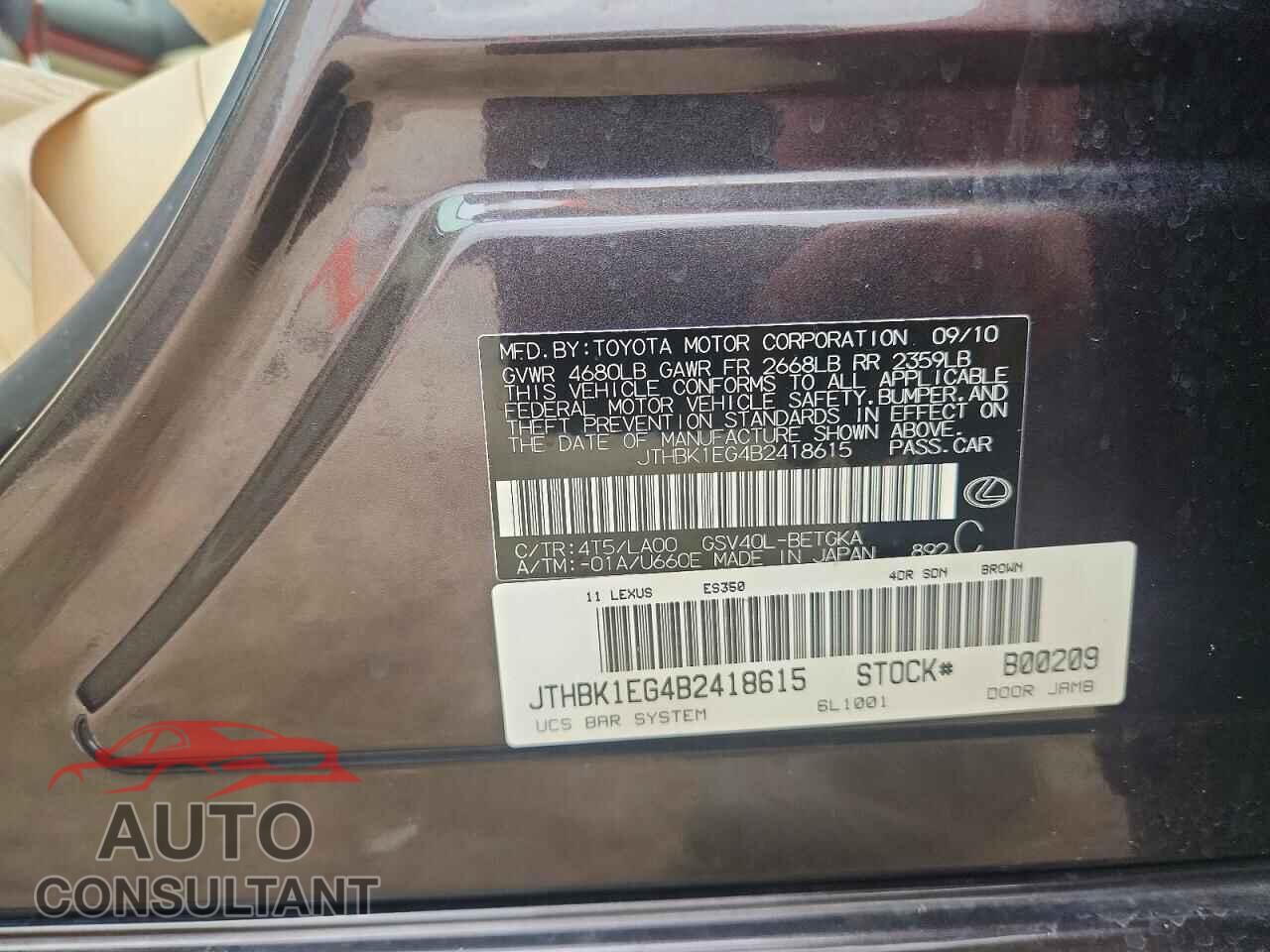 LEXUS ES350 2011 - JTHBK1EG4B2418615