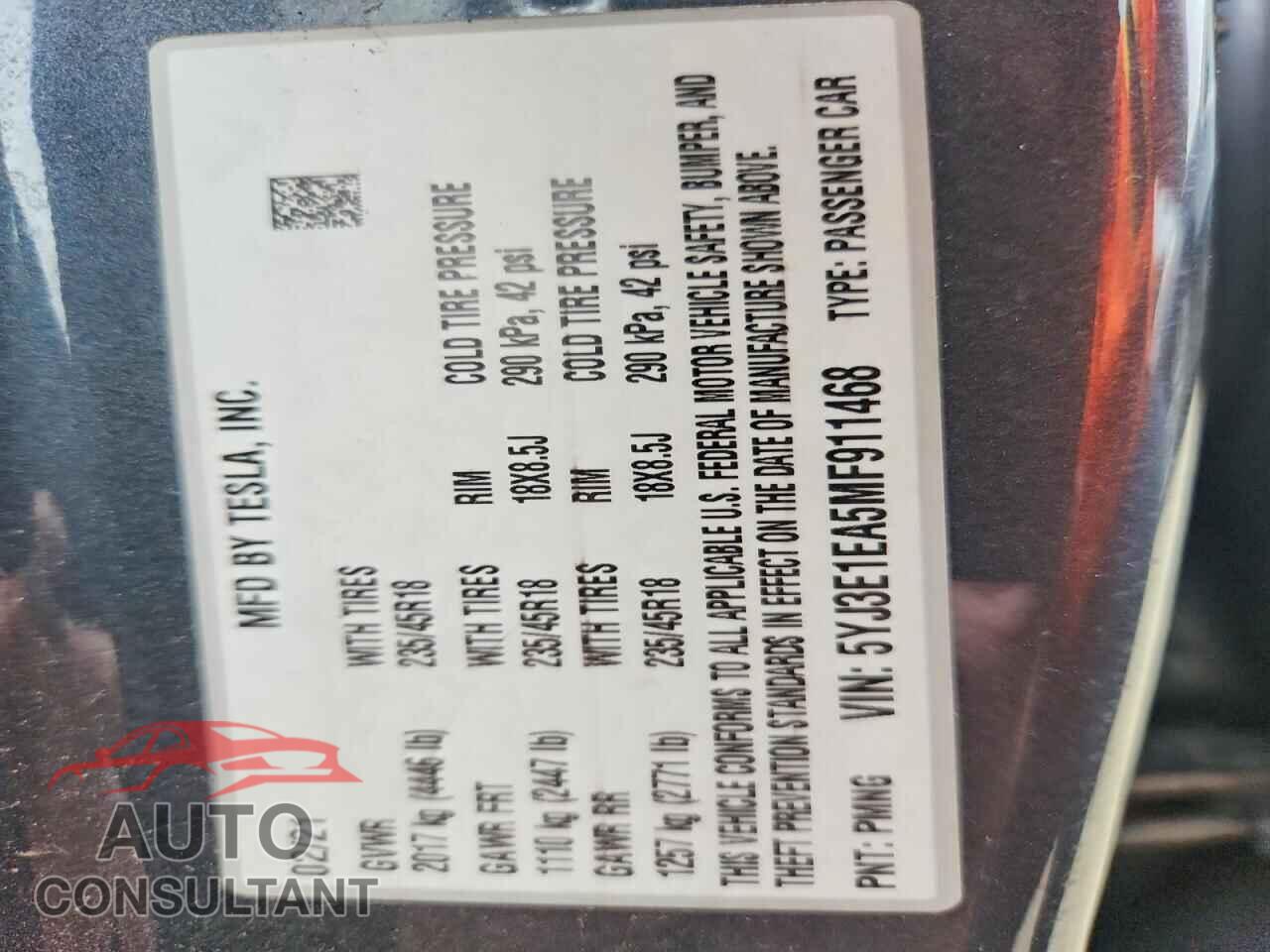TESLA MODEL 3 2021 - 5YJ3E1EA5MF911468