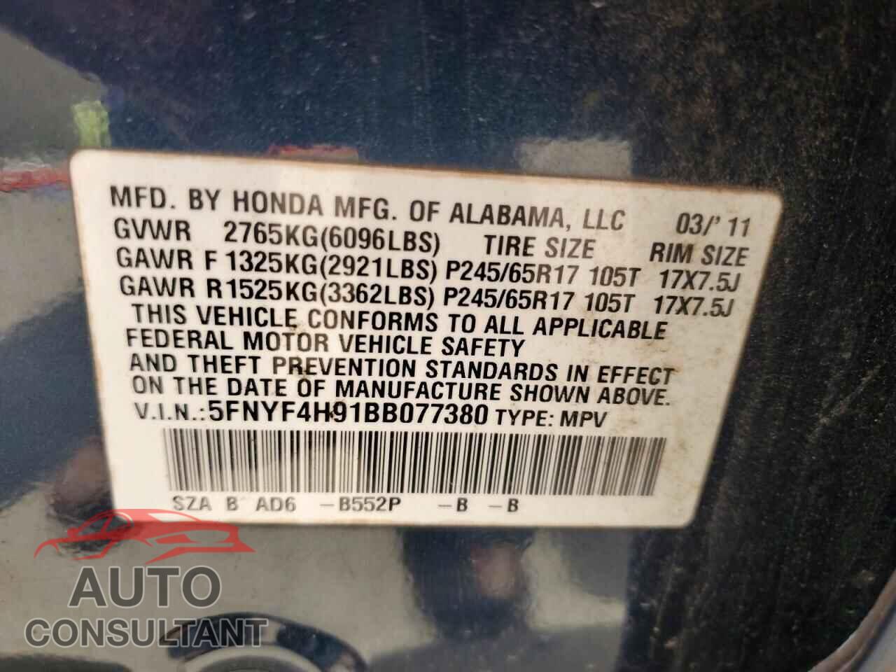 HONDA PILOT 2011 - 5FNYF4H91BB077380