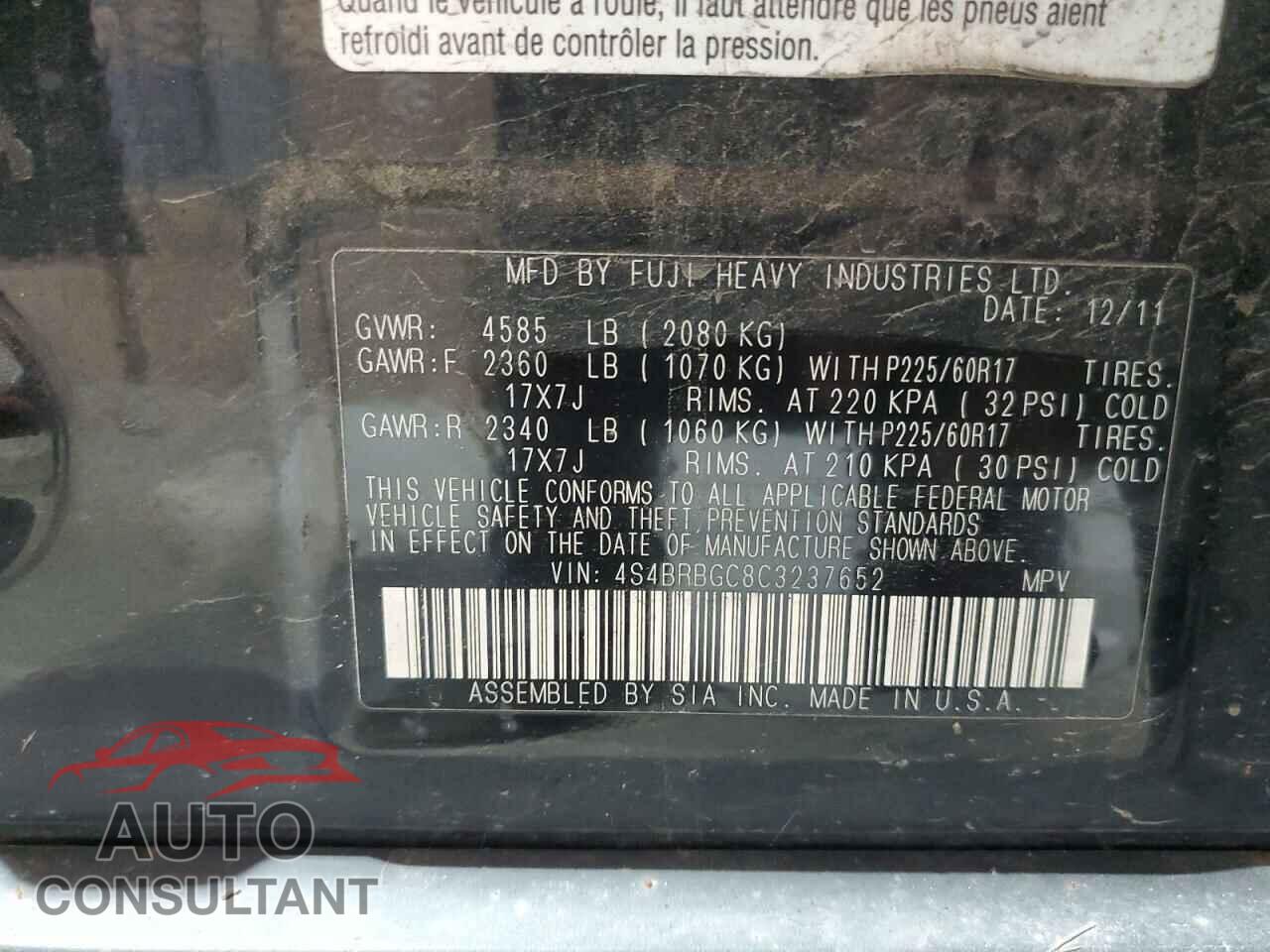 SUBARU OUTBACK 2012 - 4S4BRBGC8C3237652