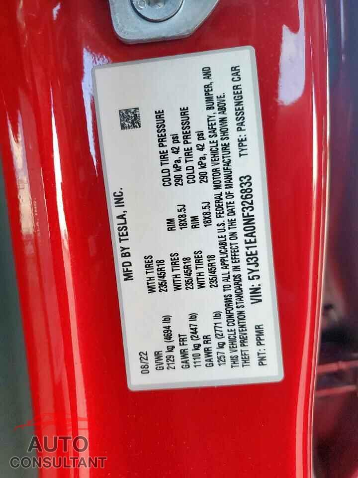 TESLA MODEL 3 2022 - 5YJ3E1EA0NF326833
