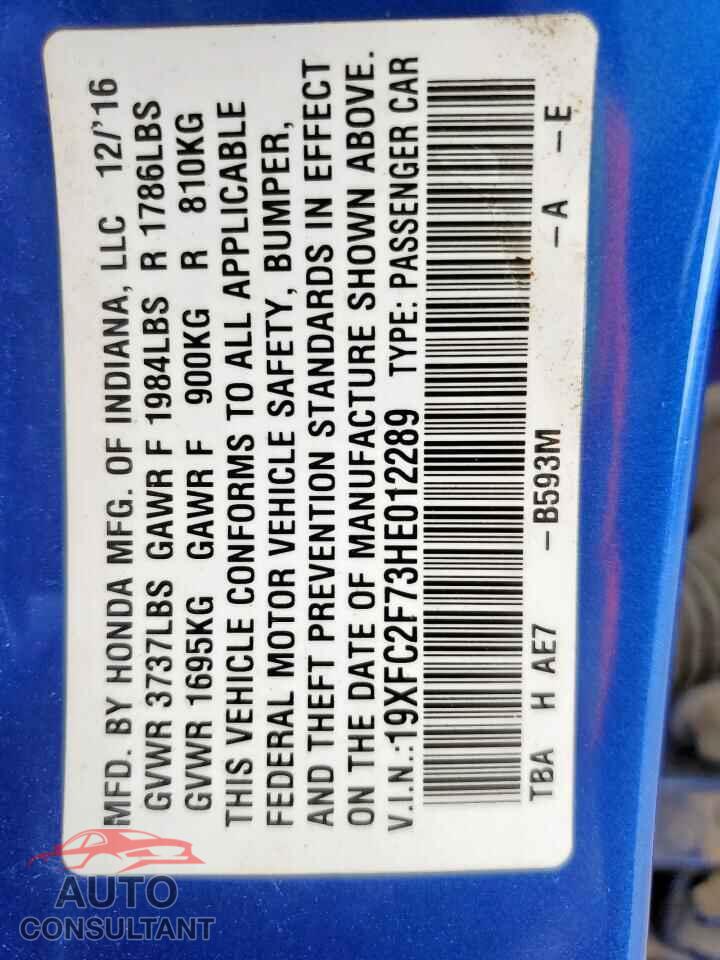 HONDA CIVIC 2017 - 19XFC2F73HE012289