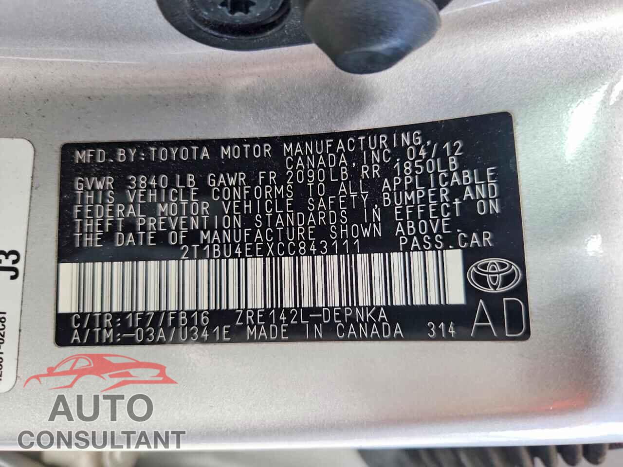 TOYOTA COROLLA 2012 - 2T1BU4EEXCC843111