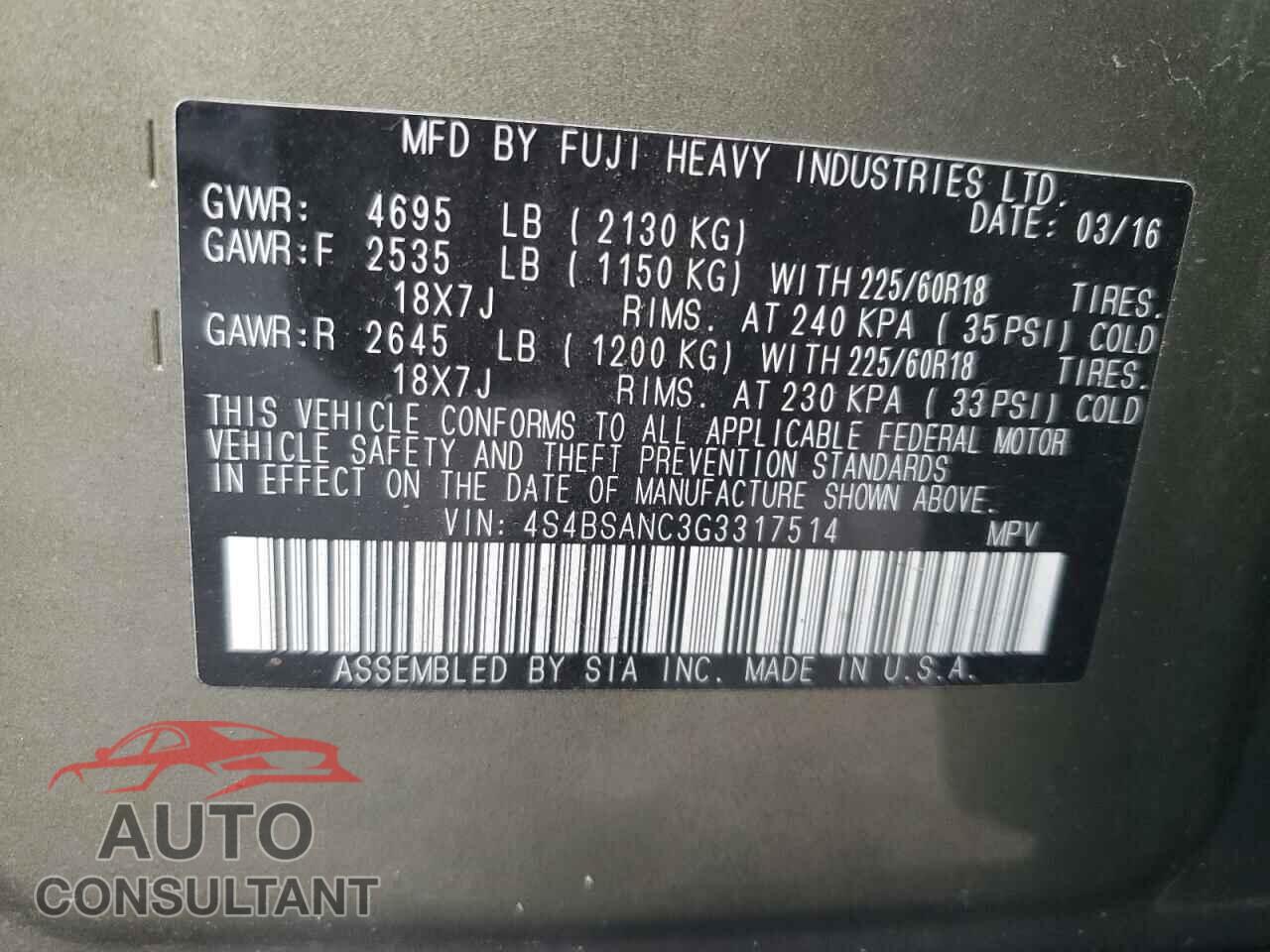 SUBARU OUTBACK 2016 - 4S4BSANC3G3317514
