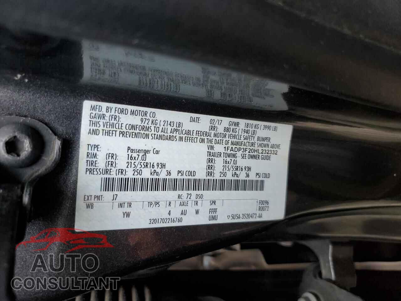 FORD FOCUS 2017 - 1FADP3F20HL232332
