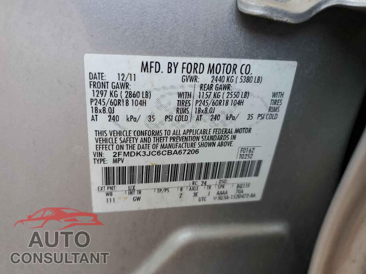 FORD EDGE 2012 - 2FMDK3JC6CBA67206