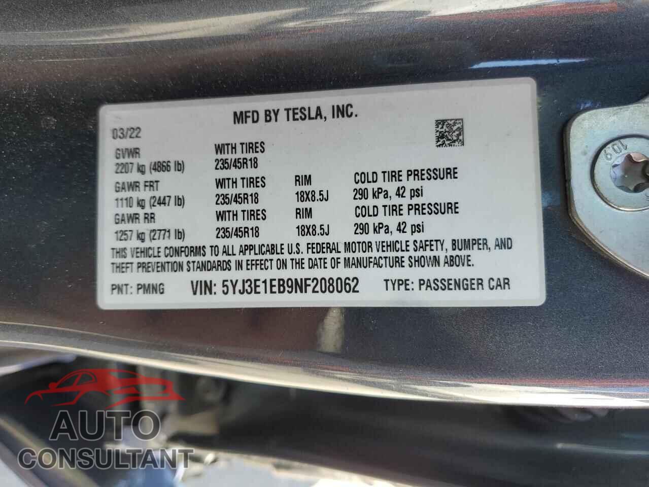 TESLA MODEL 3 2022 - 5YJ3E1EB9NF208062