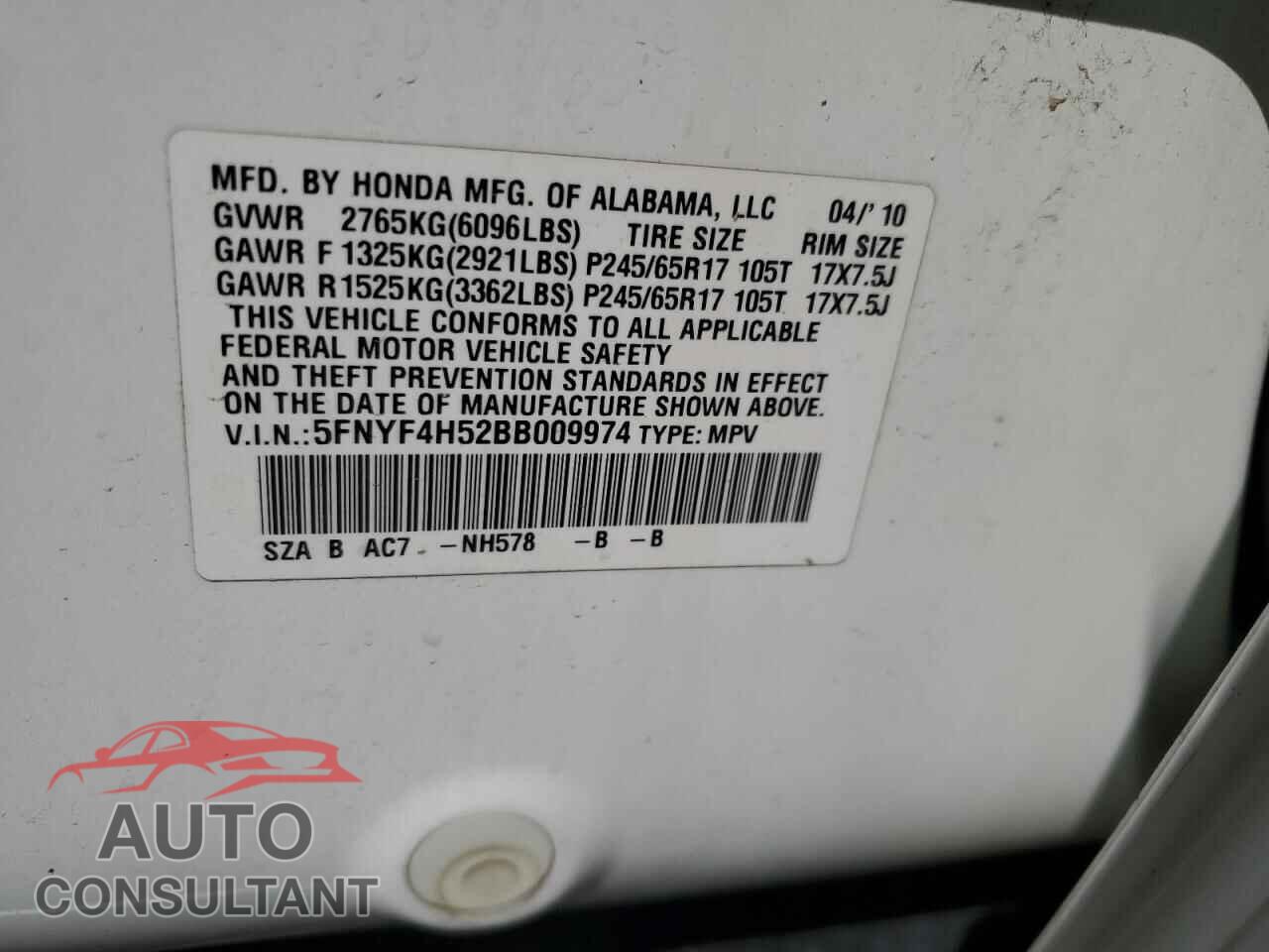 HONDA PILOT 2011 - 5FNYF4H52BB009974