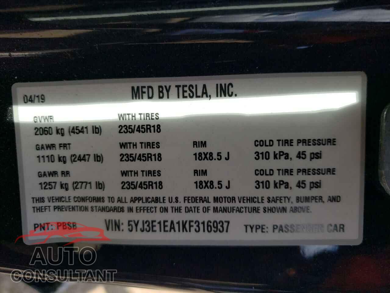 TESLA MODEL 3 2019 - 5YJ3E1EA1KF316937