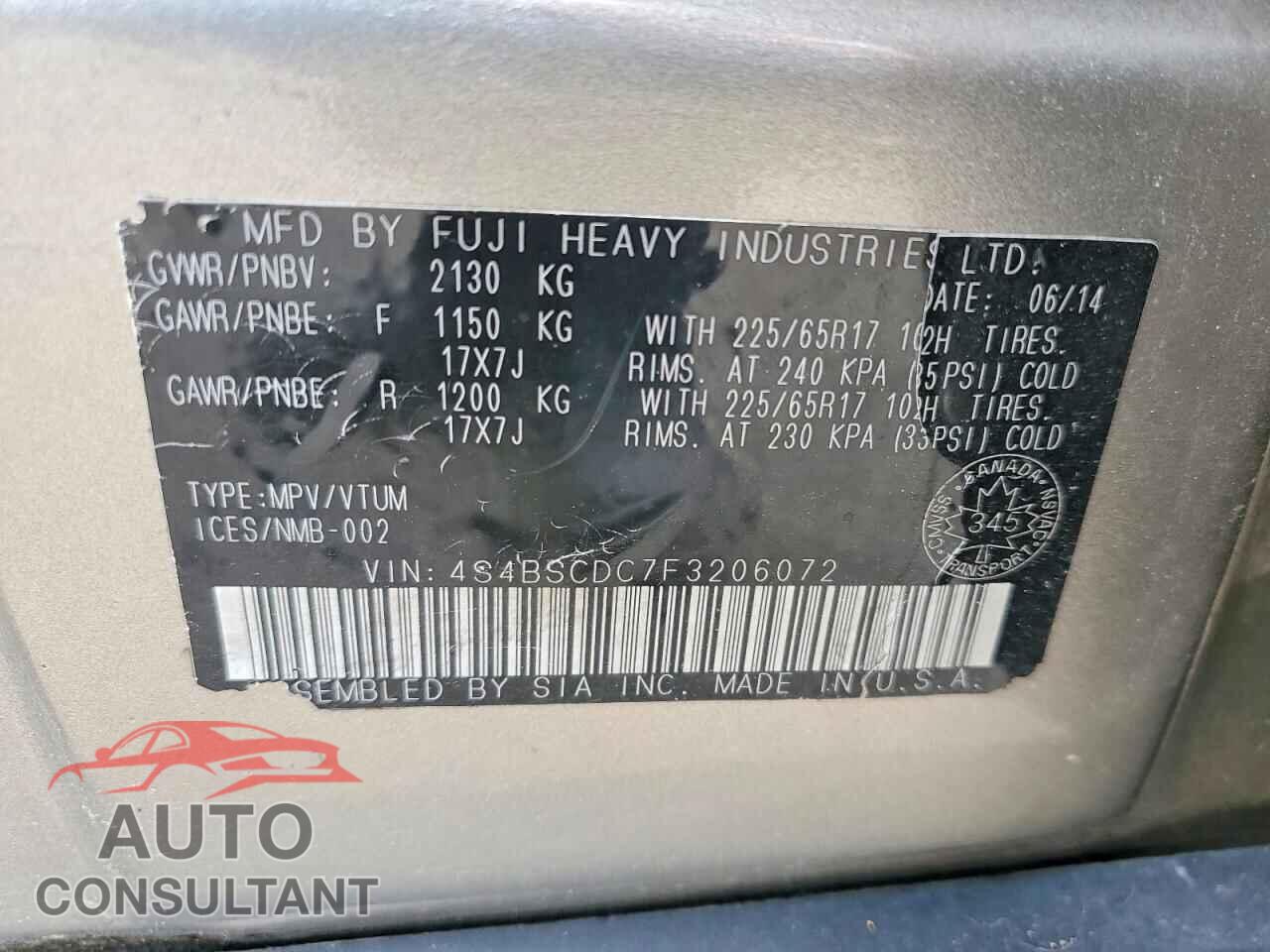 SUBARU OUTBACK 2015 - 4S4BSCDC7F3206072