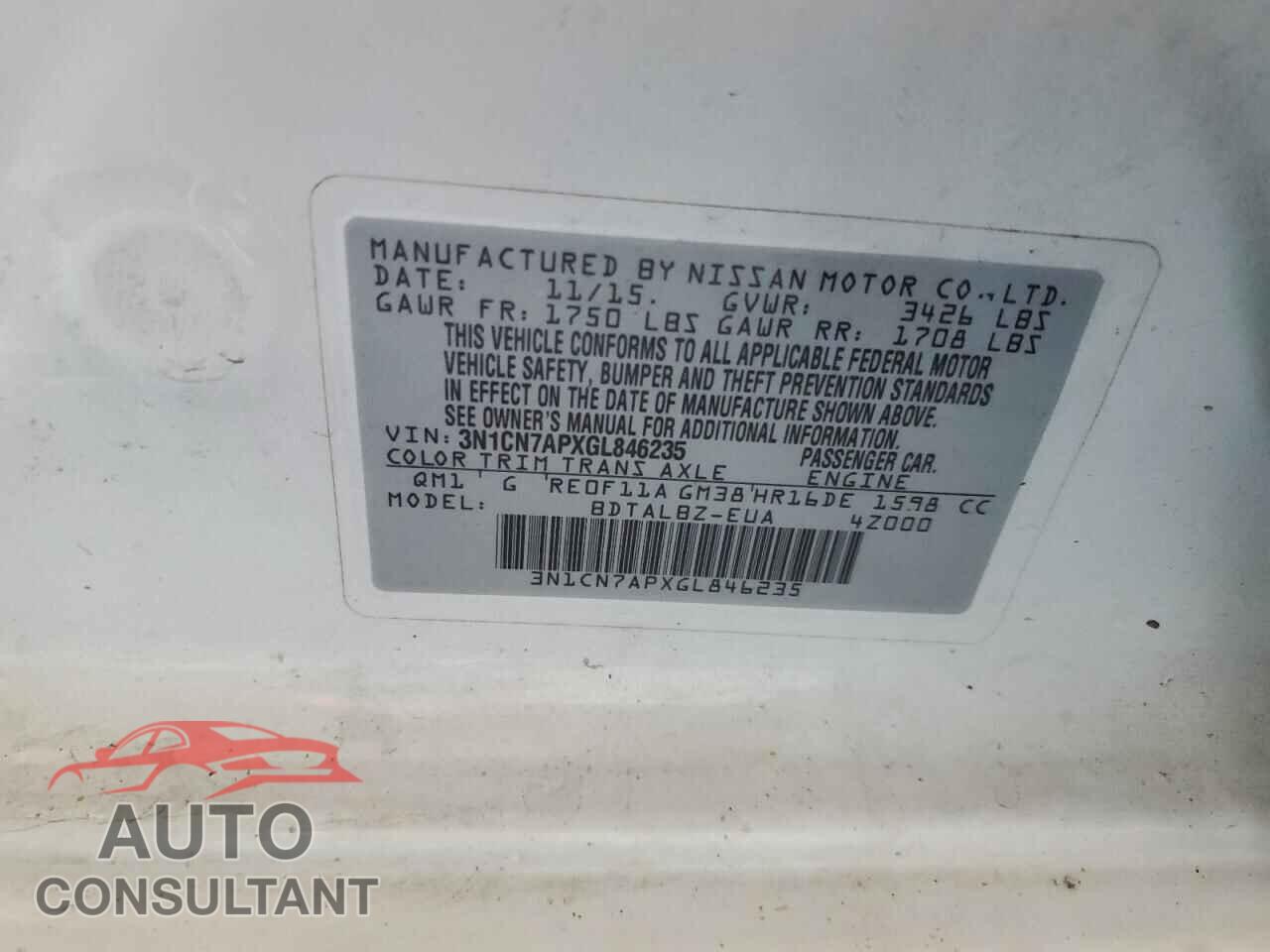 NISSAN VERSA 2016 - 3N1CN7APXGL846235