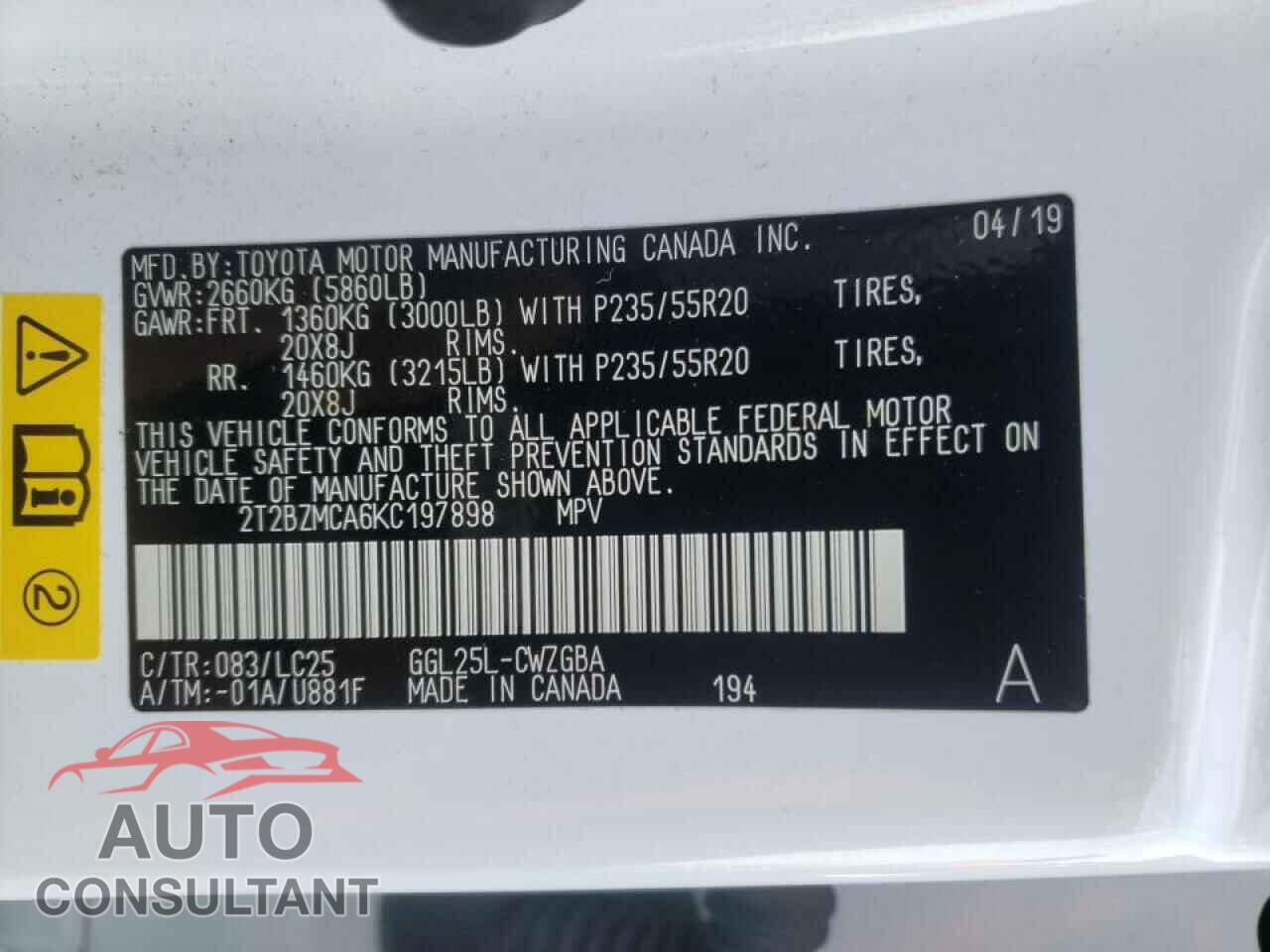 LEXUS RX350 2019 - 2T2BZMCA6KC197898