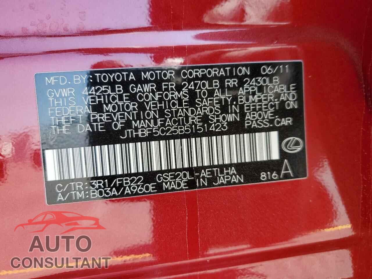 LEXUS IS 2011 - JTHBF5C25B5151423