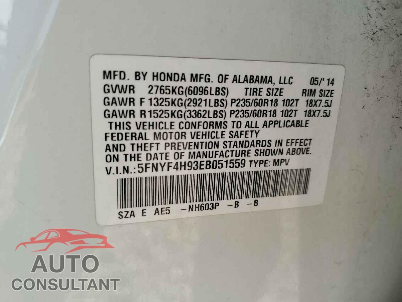 HONDA PILOT 2014 - 5FNYF4H93EB051559