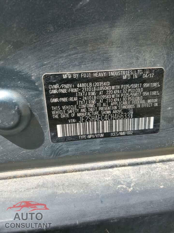 SUBARU FORESTER 2012 - JF2SHAEC4CH466337