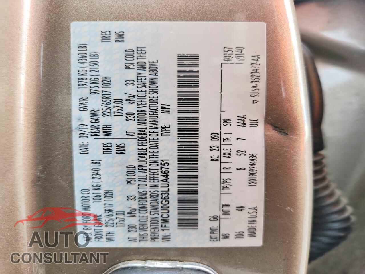 FORD ESCAPE 2020 - 1FMCU0G63LUA46751