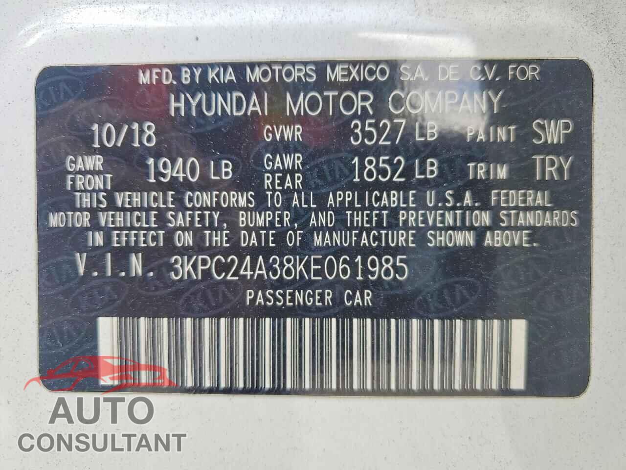 HYUNDAI ACCENT 2019 - 3KPC24A38KE061985