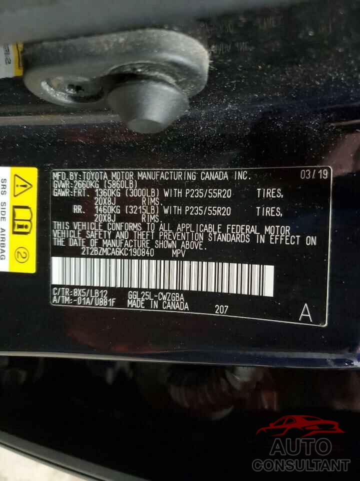 LEXUS RX350 2019 - 2T2BZMCA6KC190840