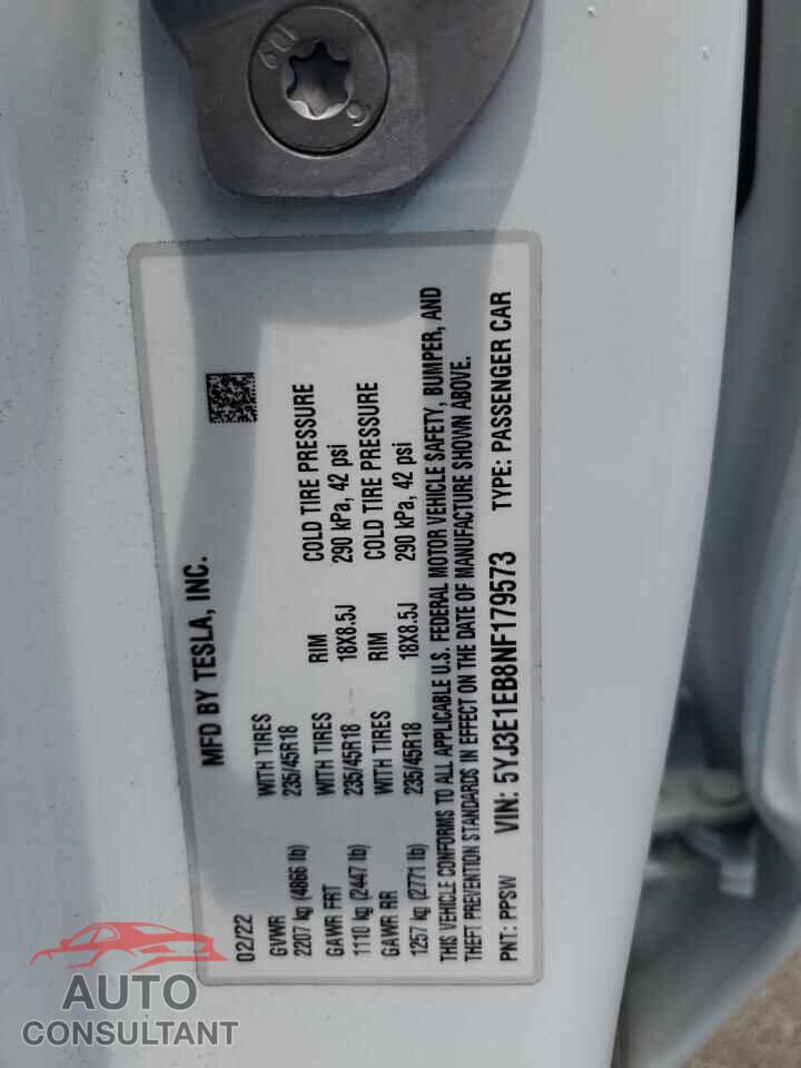 TESLA MODEL 3 2022 - 5YJ3E1EB8NF179573