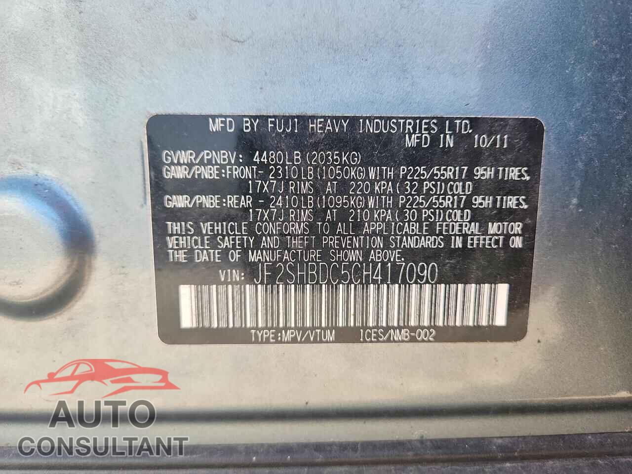 SUBARU FORESTER 2012 - JF2SHBDC5CH417090