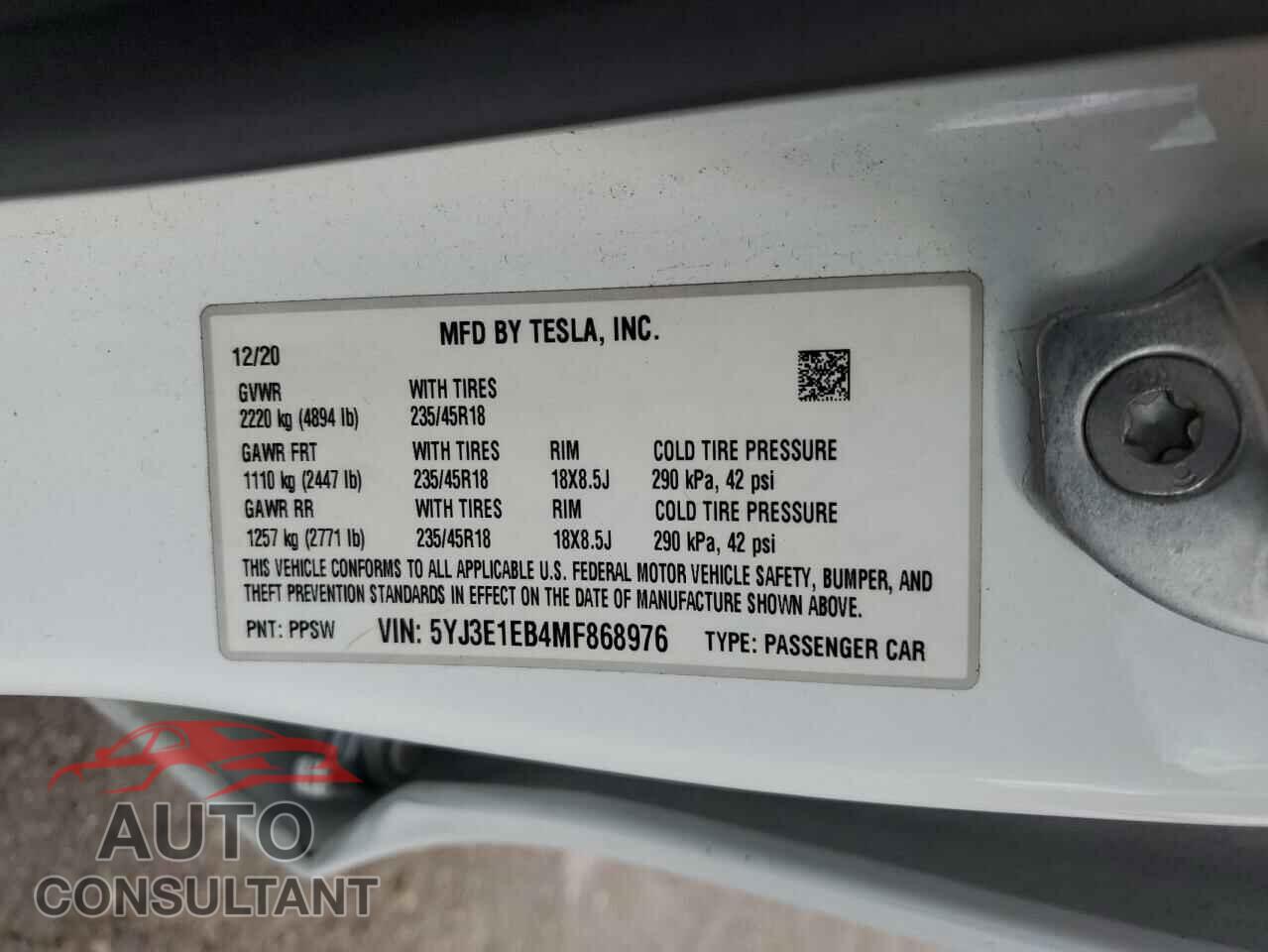 TESLA MODEL 3 2021 - 5YJ3E1EB4MF868976
