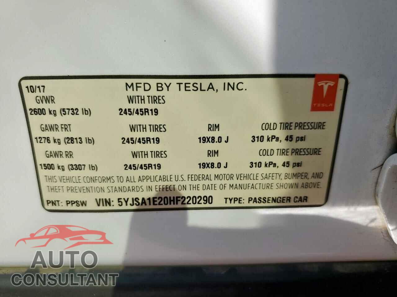 TESLA MODEL S 2017 - 5YJSA1E20HF220290