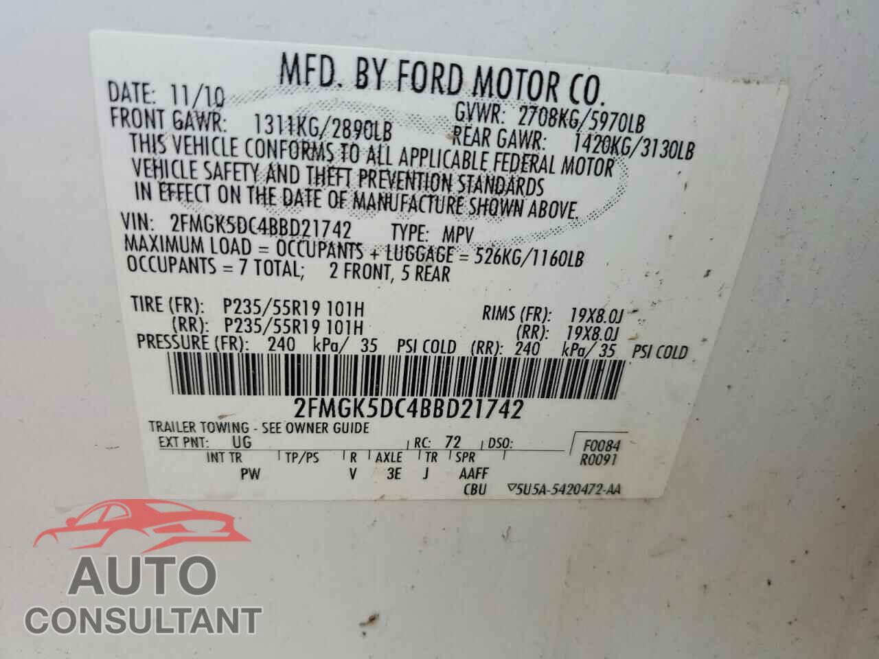 FORD FLEX 2011 - 2FMGK5DC4BBD21742