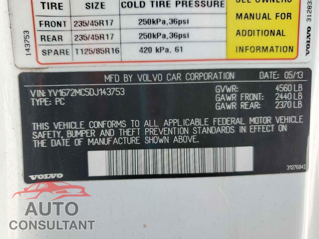 VOLVO C70 2013 - YV1672MC5DJ143753