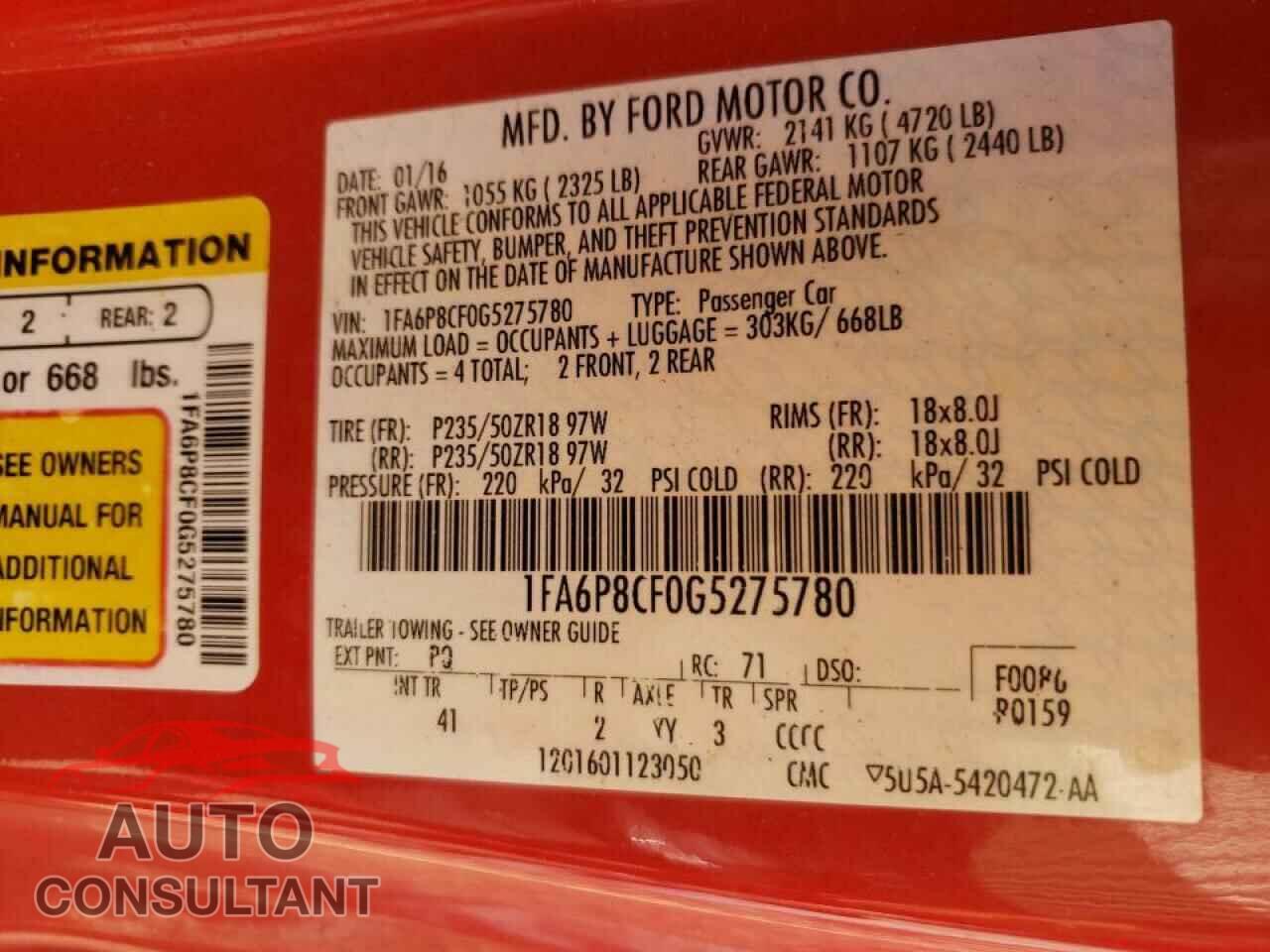 FORD MUSTANG 2016 - 1FA6P8CF0G5275780