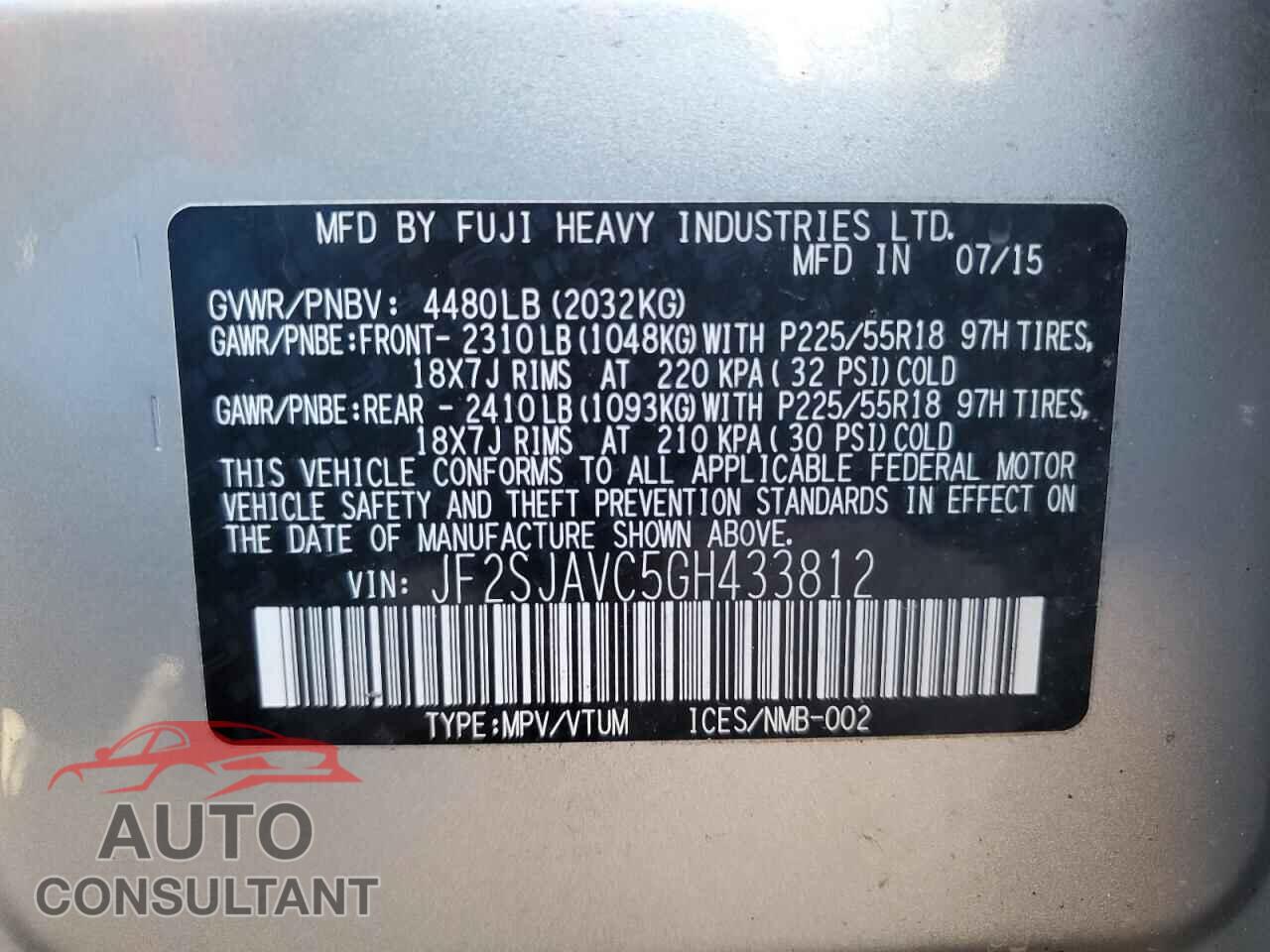 SUBARU FORESTER 2016 - JF2SJAVC5GH433812