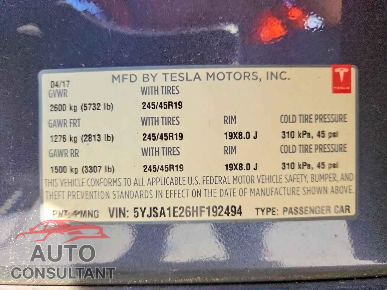 TESLA MODEL S 2017 - 5YJSA1E26HF192494