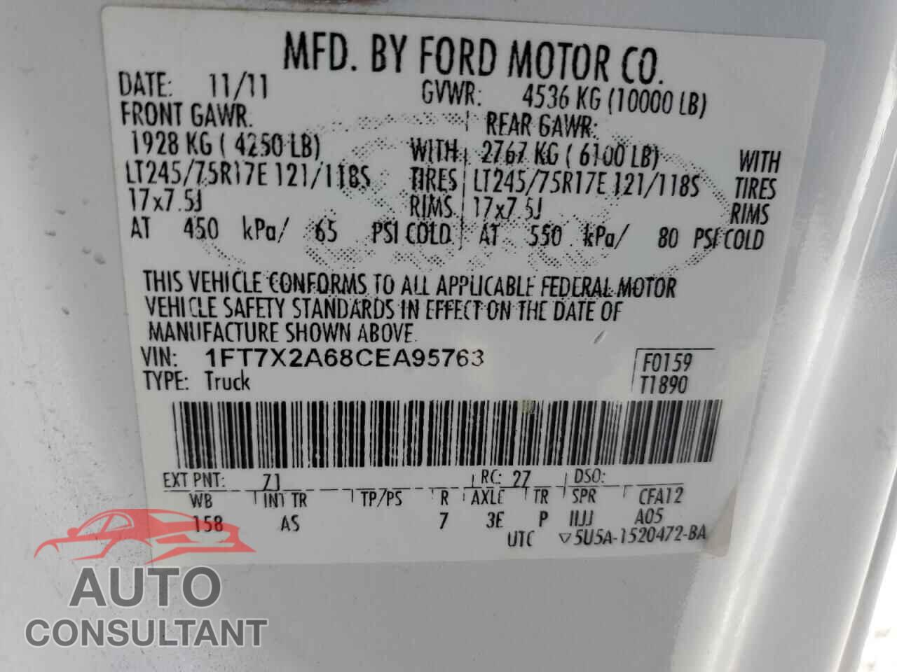 FORD F250 2012 - 1FT7X2A68CEA95763