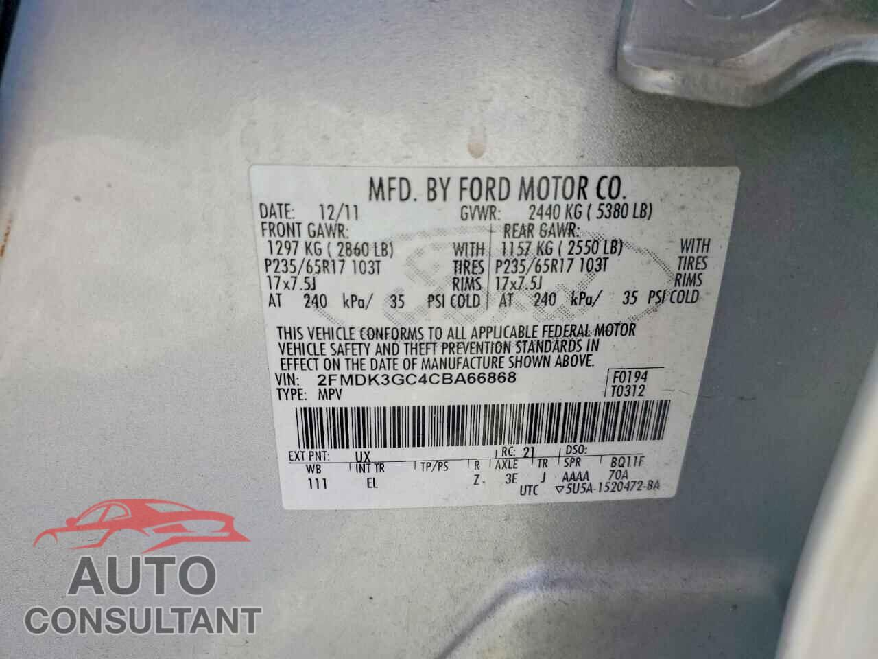 FORD EDGE 2012 - 2FMDK3GC4CBA66868