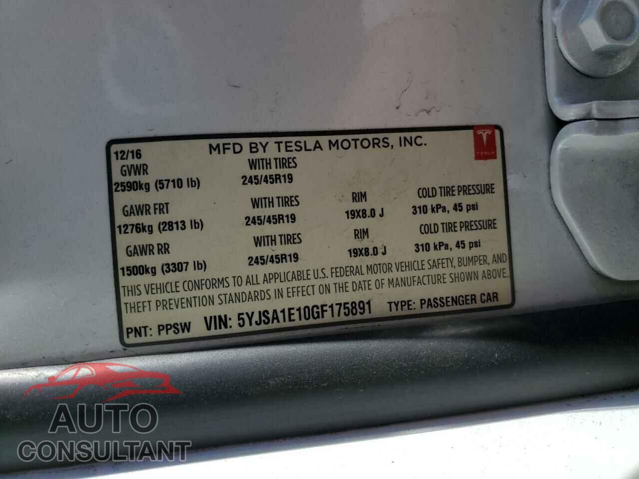 TESLA MODEL S 2016 - 5YJSA1E10GF175891