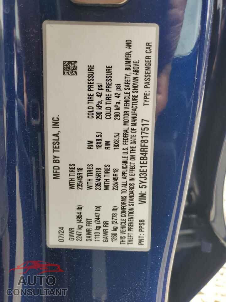 TESLA MODEL 3 2024 - 5YJ3E1EB4RF817517