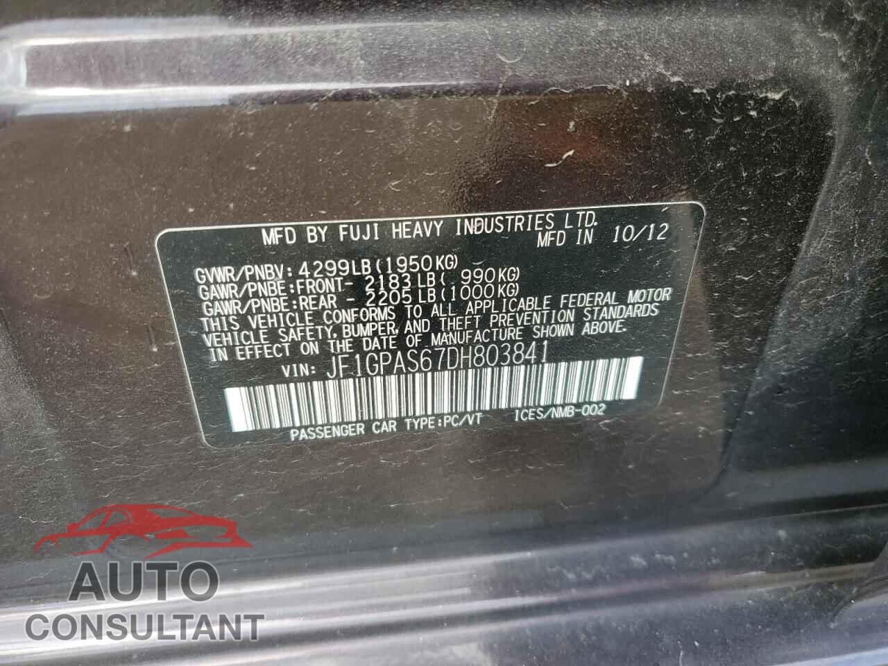 SUBARU IMPREZA 2013 - JF1GPAS67DH803841