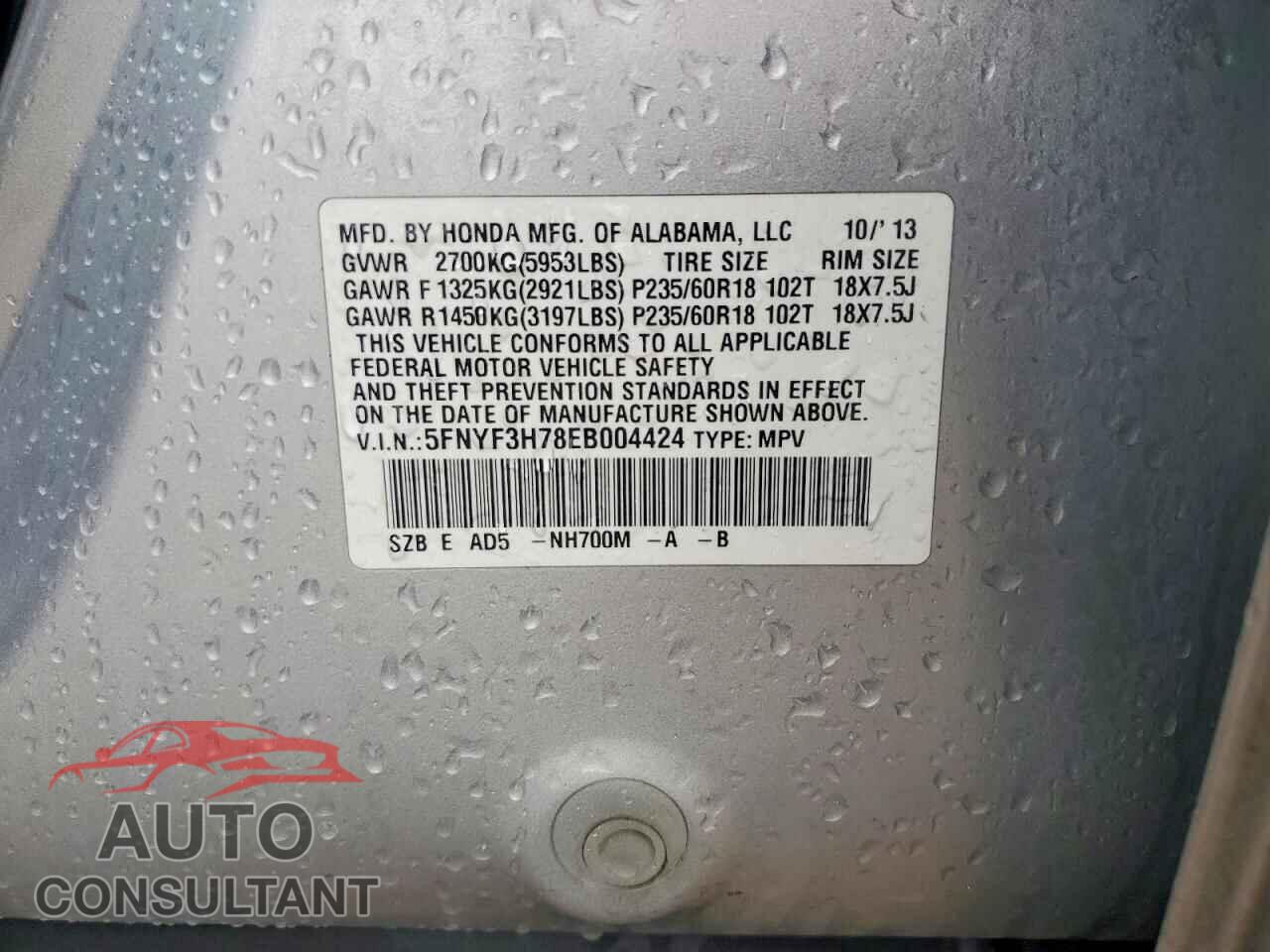 HONDA PILOT 2014 - 5FNYF3H78EB004424