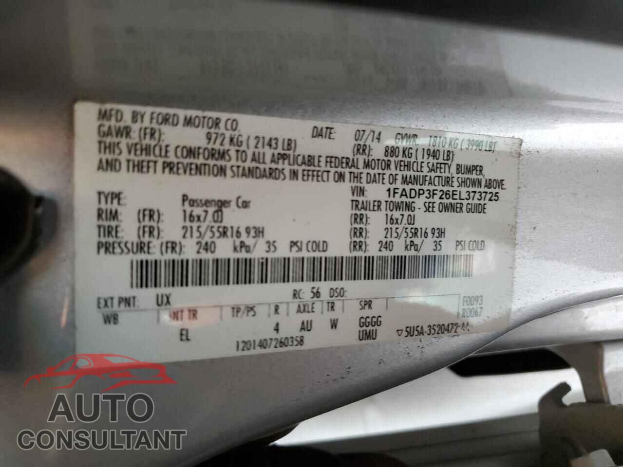FORD FOCUS 2014 - 1FADP3F26EL373725