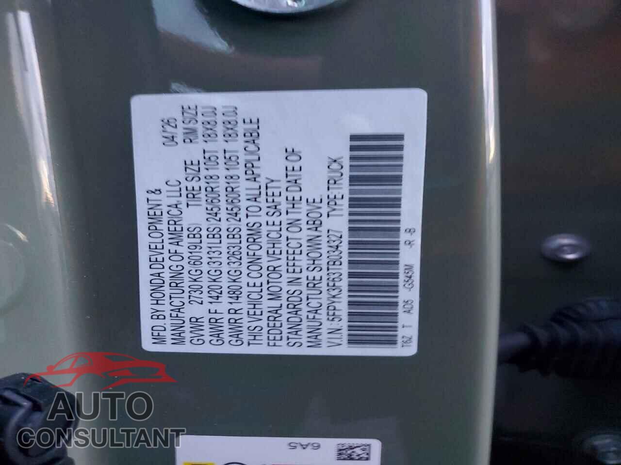 HONDA RIDGELINE 2026 - 5FPYK3F63TB034327