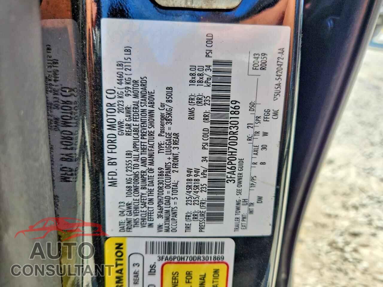 FORD FUSION 2013 - 3FA6P0H70DR301869