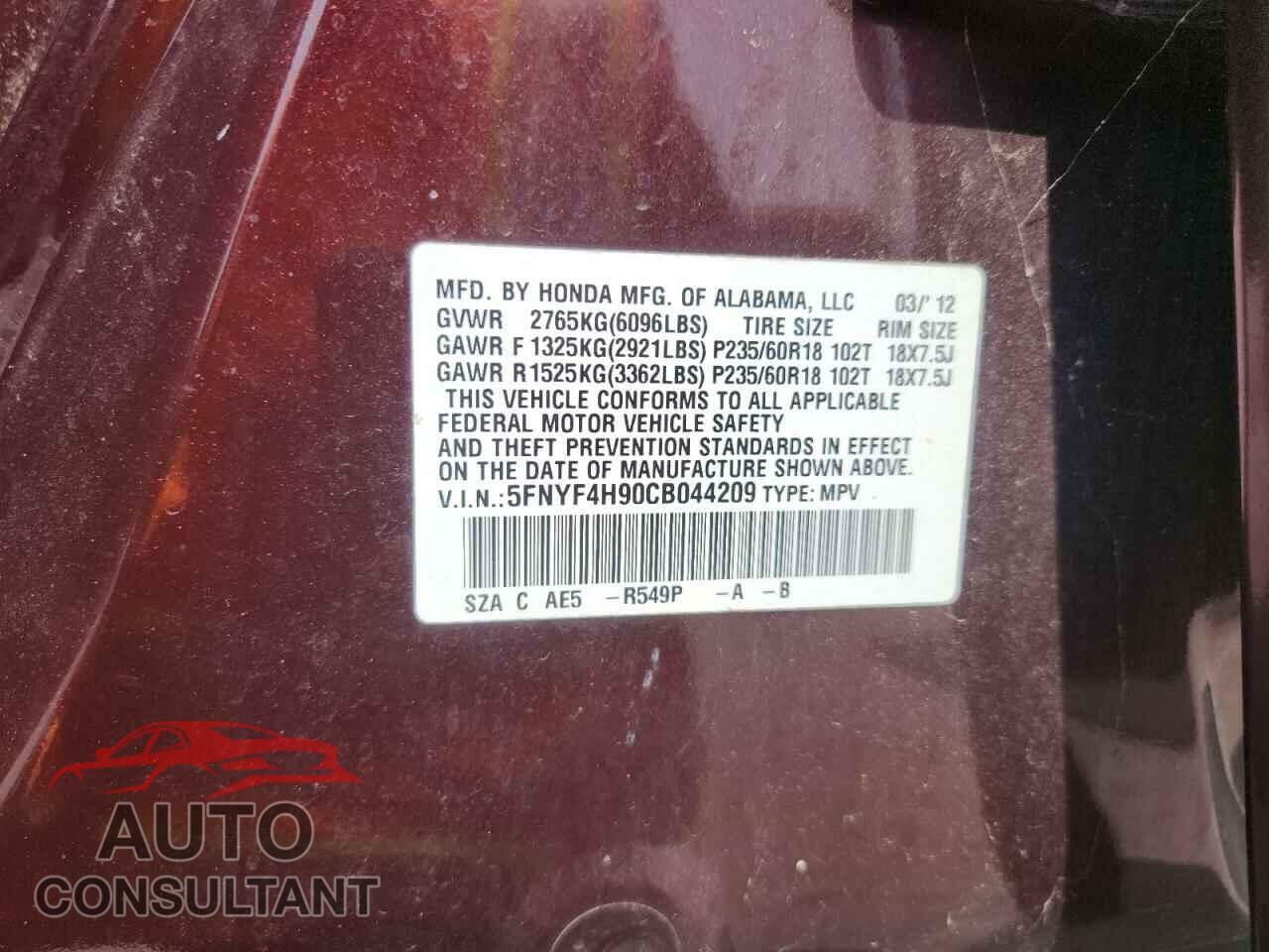 HONDA PILOT 2012 - 5FNYF4H90CB044209
