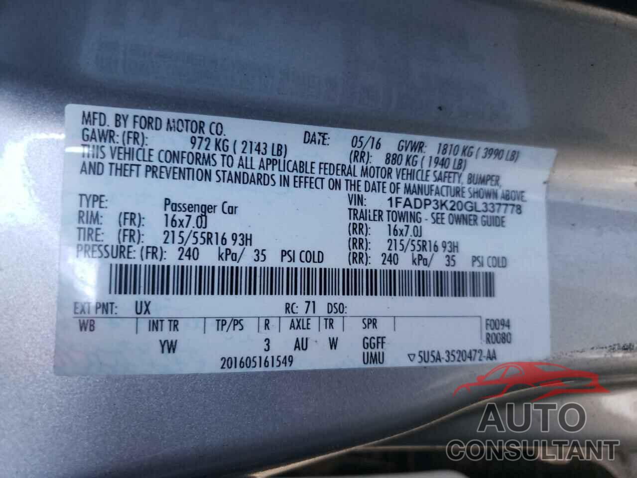 FORD FOCUS 2016 - 1FADP3K20GL337778