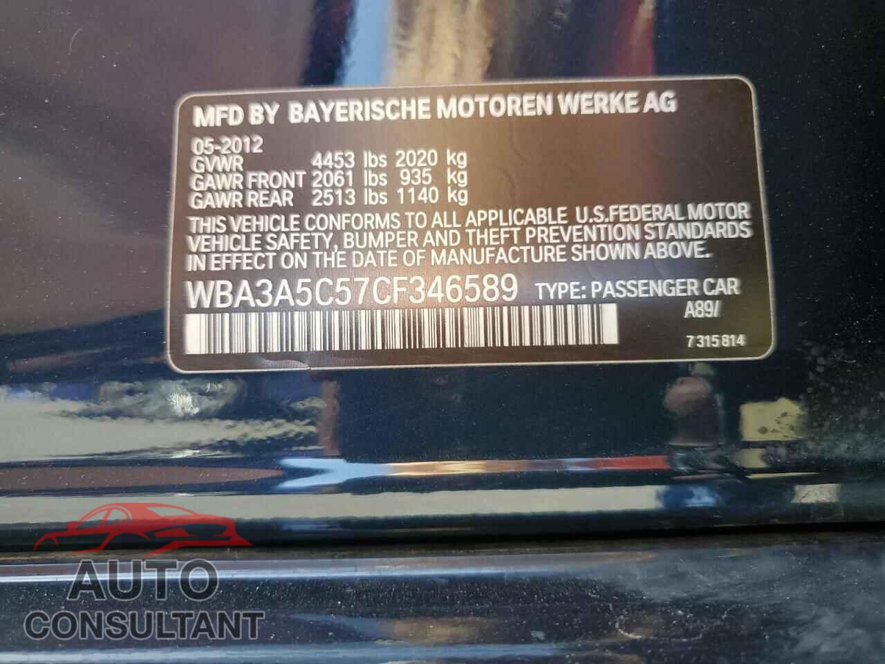 BMW 3 SERIES 2012 - WBA3A5C57CF346589