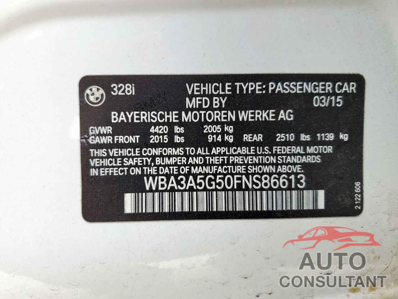 BMW 3 SERIES 2015 - WBA3A5G50FNS86613