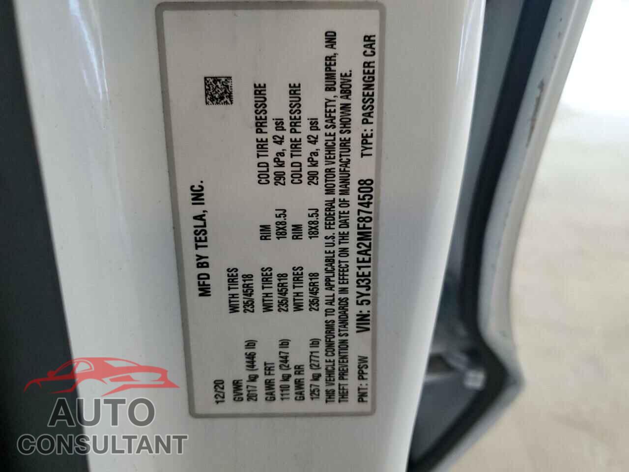 TESLA MODEL 3 2021 - 5YJ3E1EA2MF874508