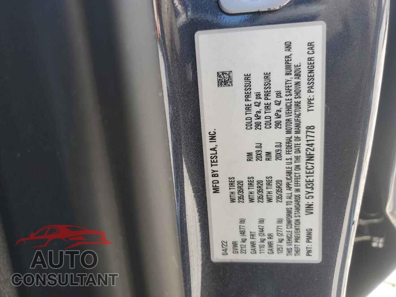 TESLA MODEL 3 2022 - 5YJ3E1EC7NF241778